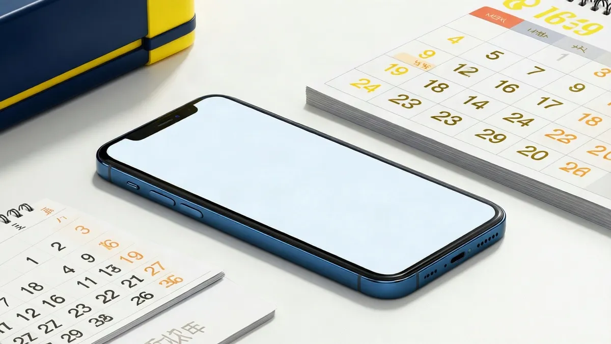 Móvil genérico sobre un escritorio junto a hojas de calendario sin texto
