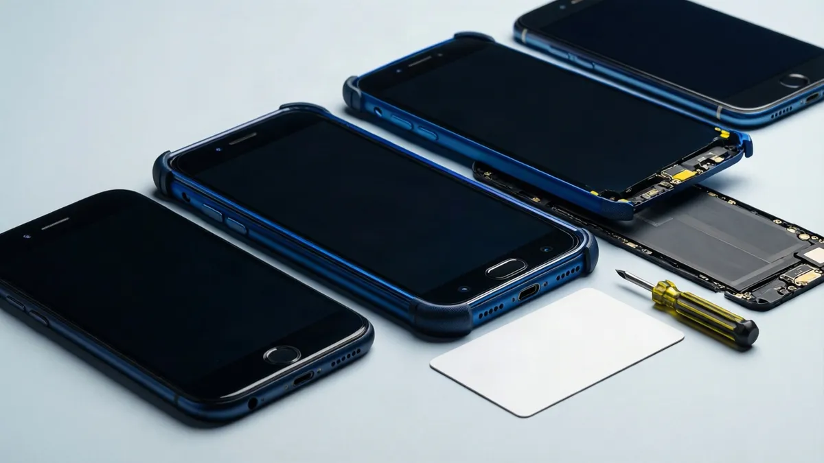 Cuatro teléfonos móviles azules sobre fondo claro, uno desmontado mostrando componentes internos, junto a destornillador amarillo y tarjeta blanca.