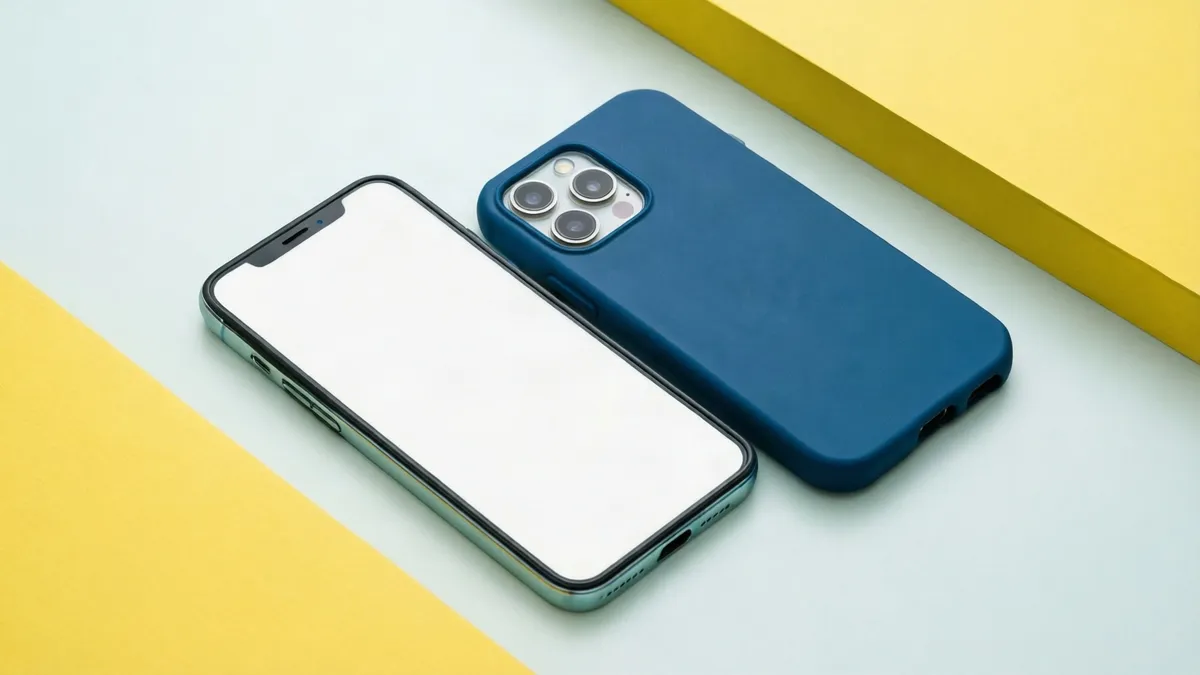 Móvil genérico con funda azul sobre una mesa clara