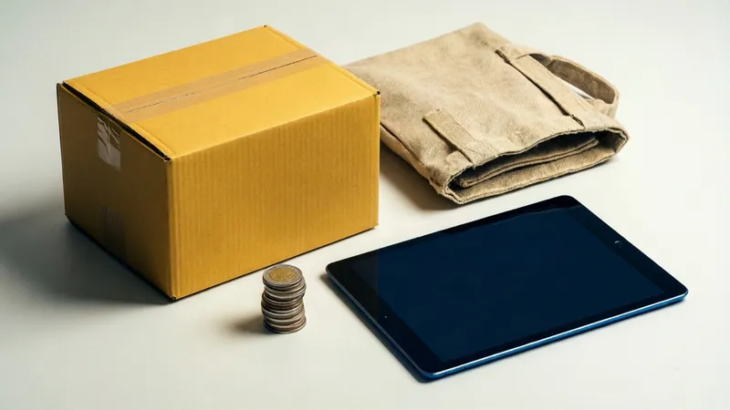 Caja de cartón amarilla, bolsa de tela beige, pila de monedas y tableta negra sobre fondo blanco.